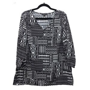 Mario Serrani Italy Womens Large Black White Geometric Patchwork‎ V-Neck Blouse